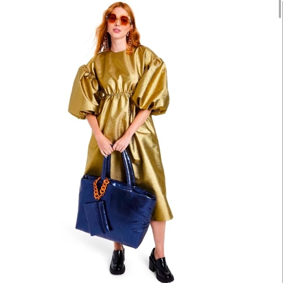 🔖 KIKA VARGAS x Target Women's Puff Sleeve Scallop Back Midi Dress - Gold - Picture 4 of 15